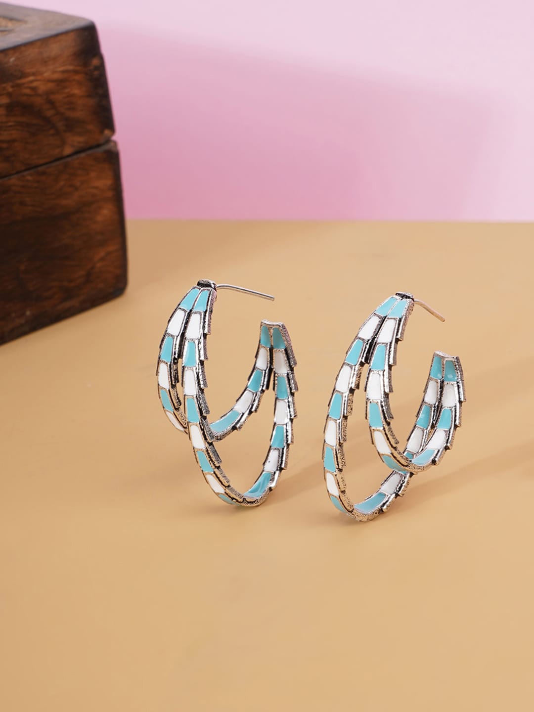 

Voylla Blue Silver-Plated Trendy Hoops Earrings with Pattern