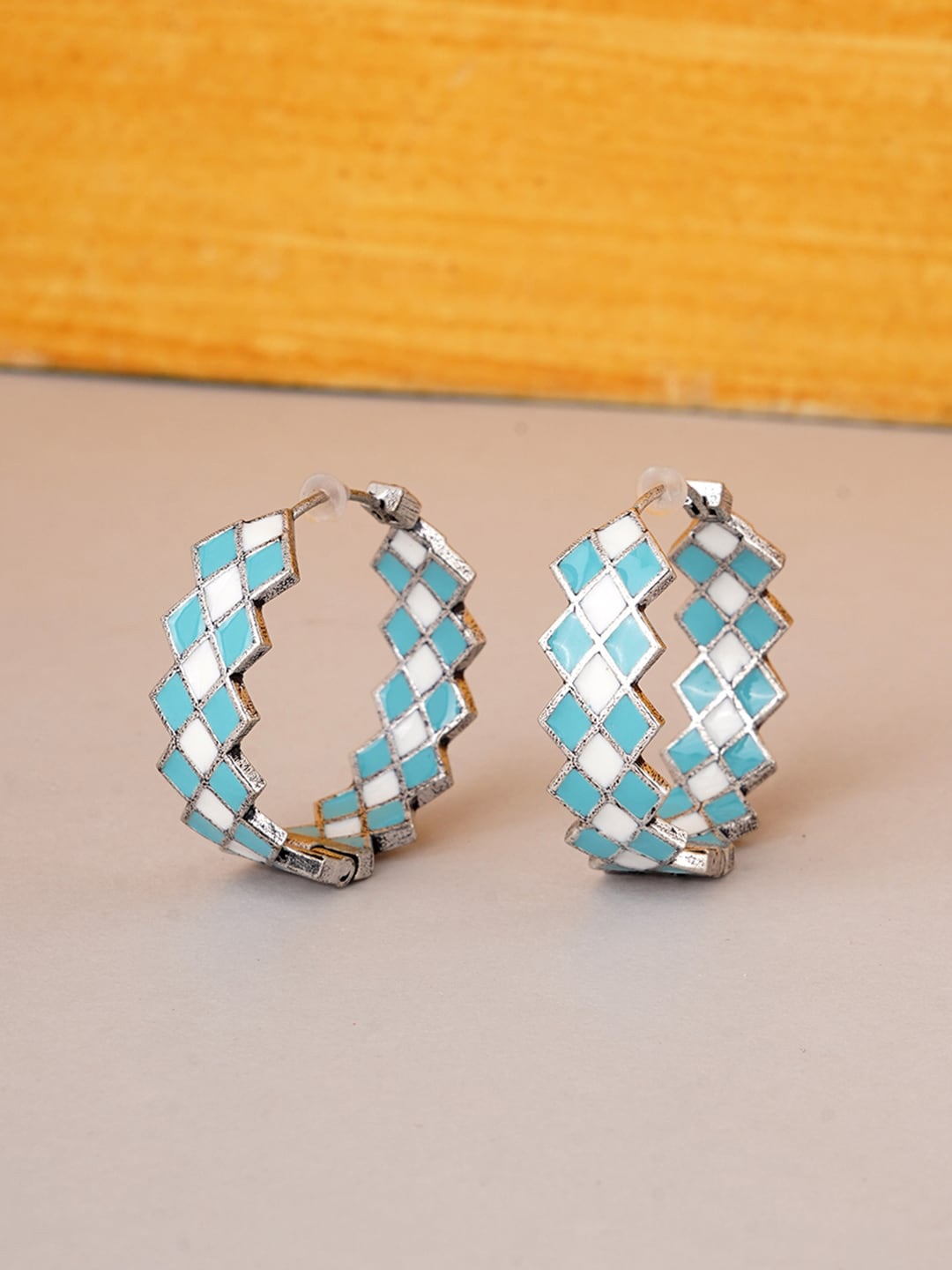 

Voylla Silver-Toned & Blue Geometric Hoop Earrings