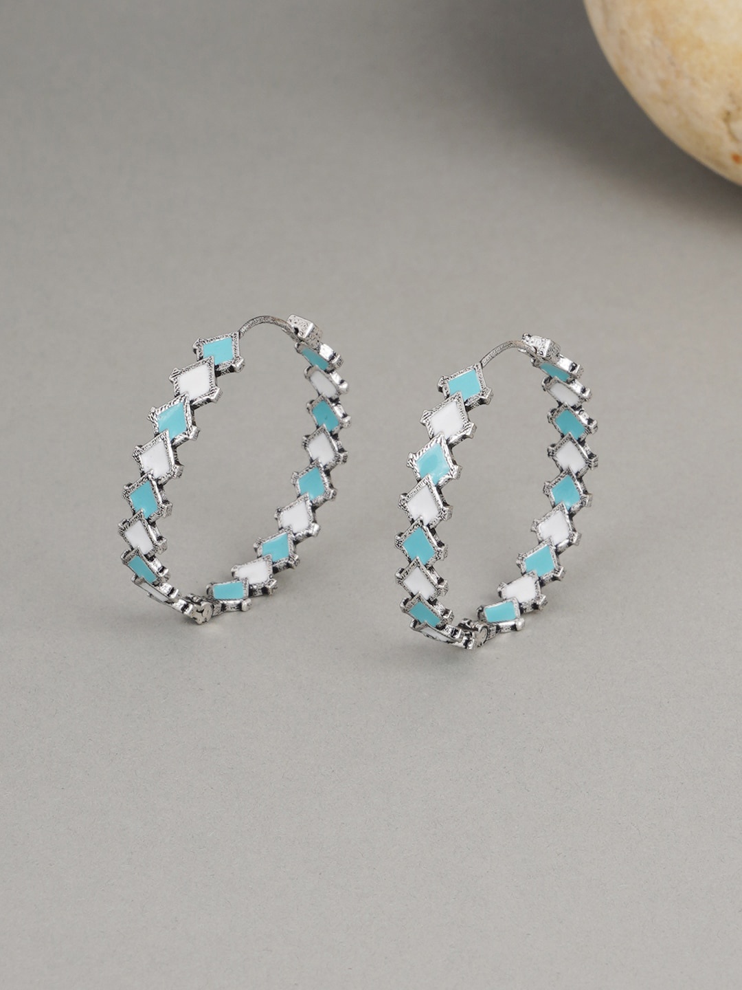 

Voylla Silver-Plated & Blue Geometric Hoop Earrings