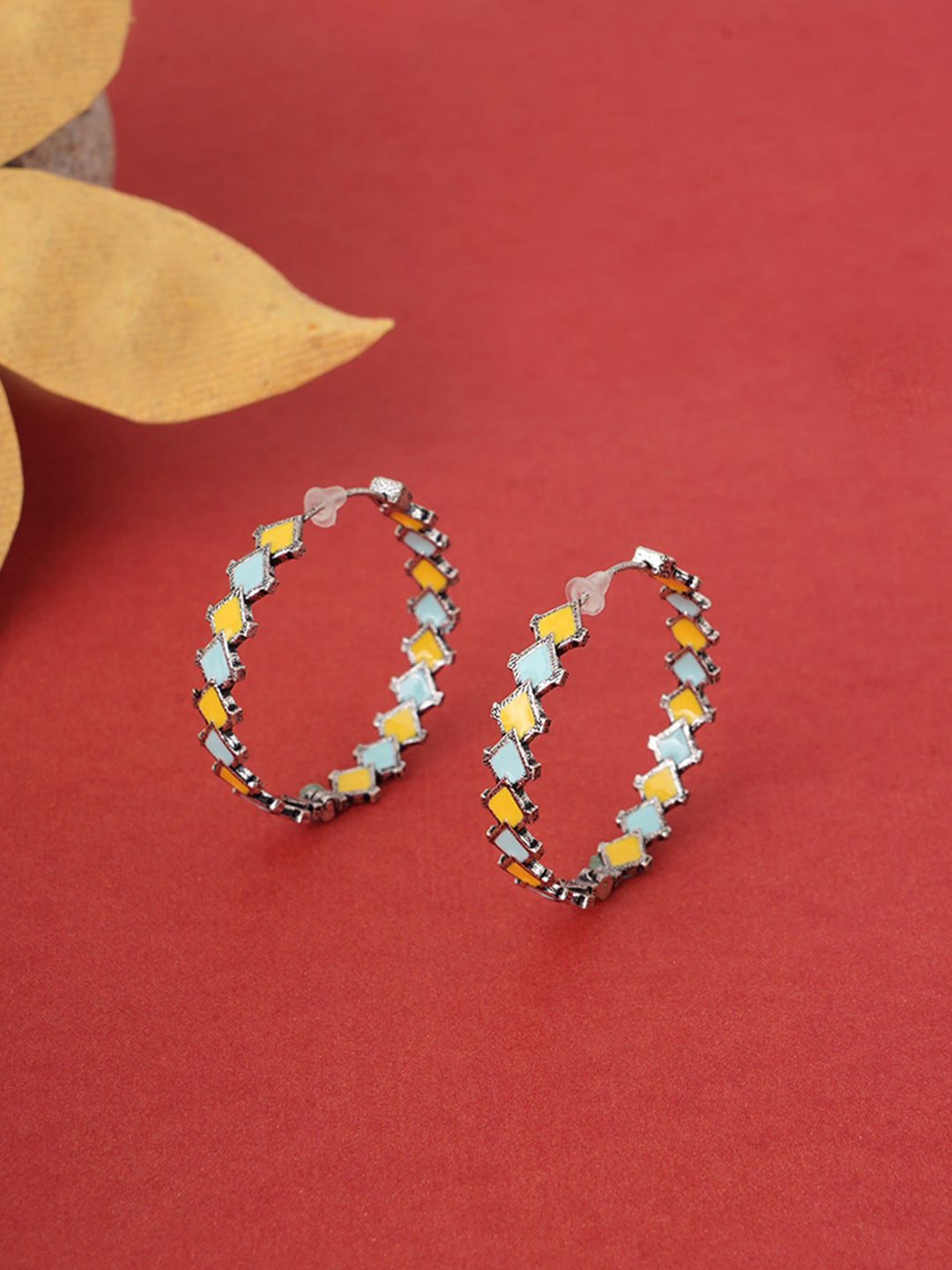 

Voylla Turquoise Blue Silver-Plated Circular Hoop Earrings