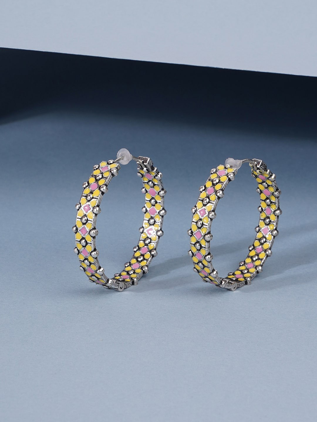 

Voylla Silver-Plated & Yellow Geometric Hoop Earrings