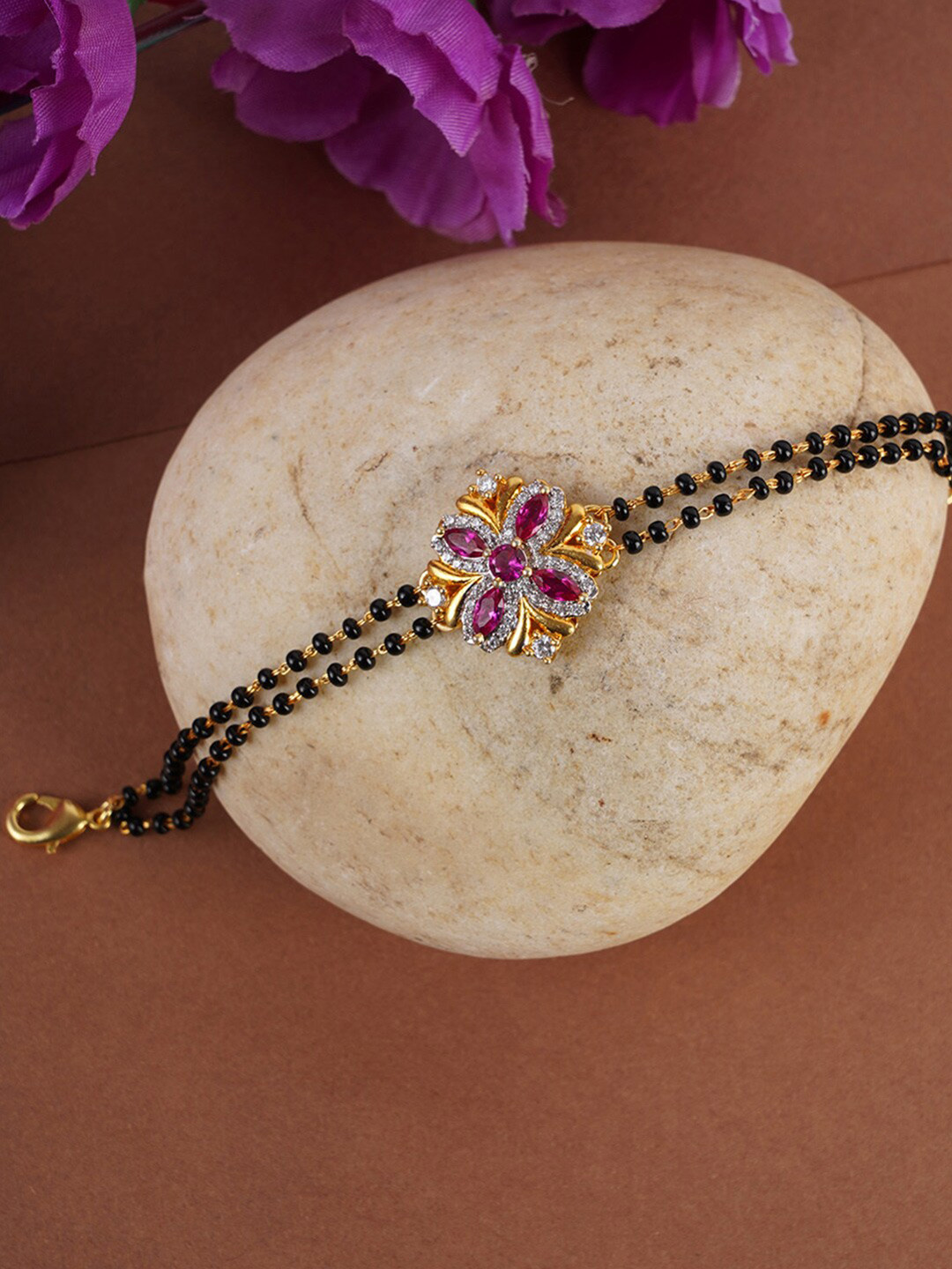

Voylla Women Black American Diamond CZ Flower Mangalsutra Bracelet with Beads Chain, Gold