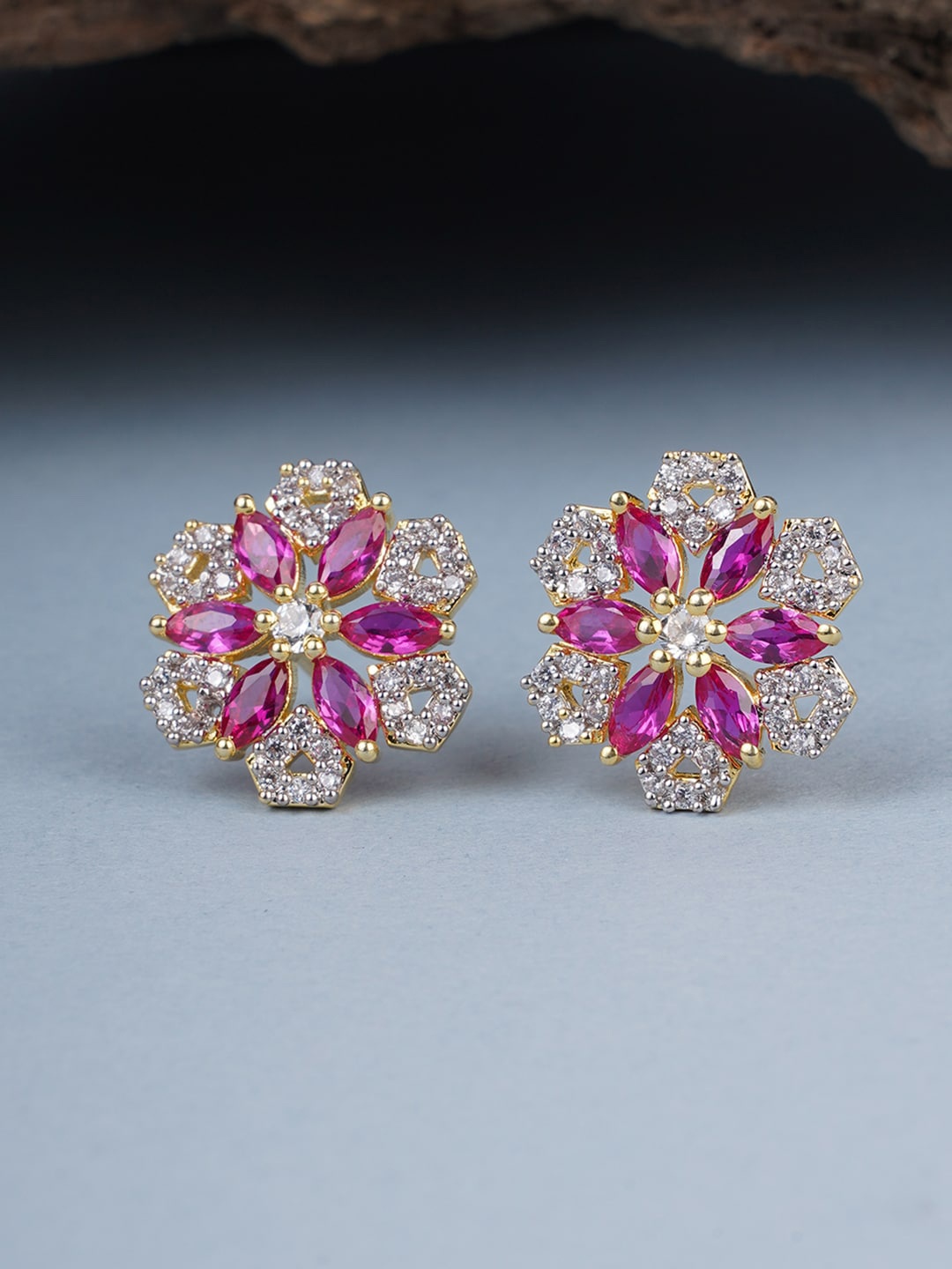 

Voylla Gold-Plated Floral American Diamond CZ Stud Earrings