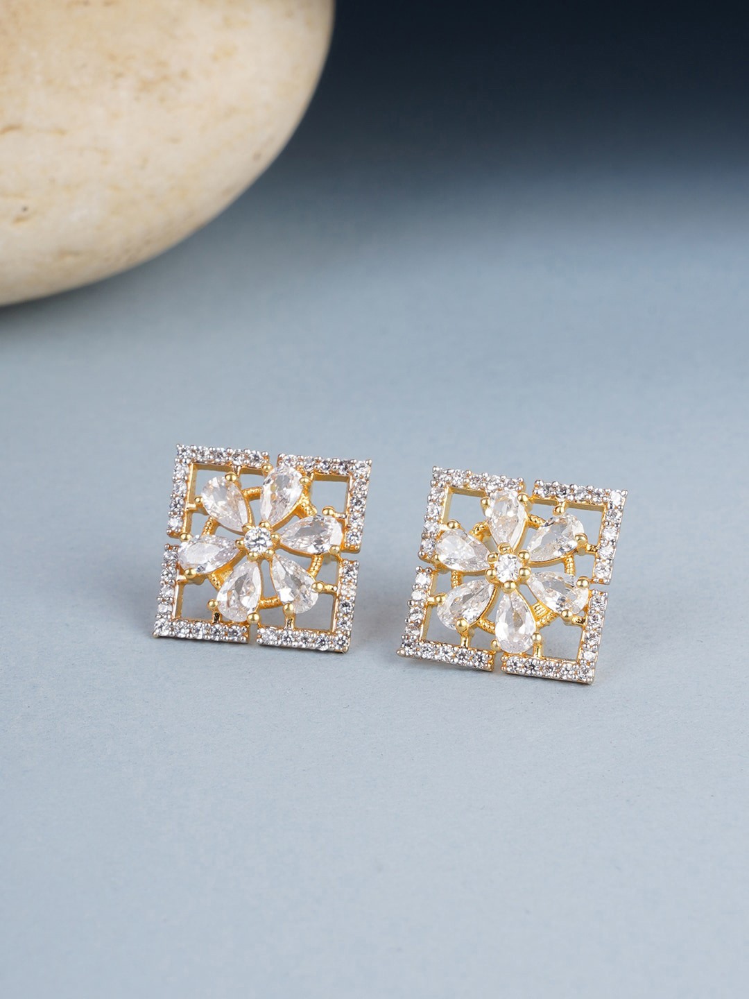 

Voylla Gold-Plated White American Diamond CZ Stud Earrings