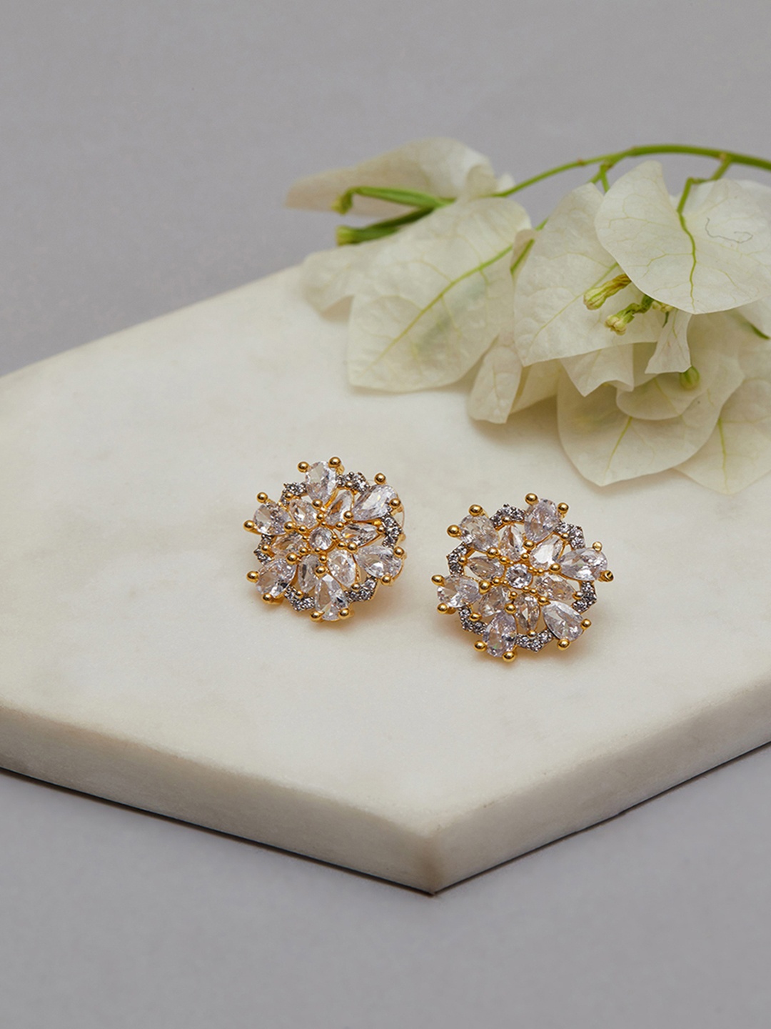 

Voylla Gold-Plated & White American Diamond CZ Brass Stud Earrings