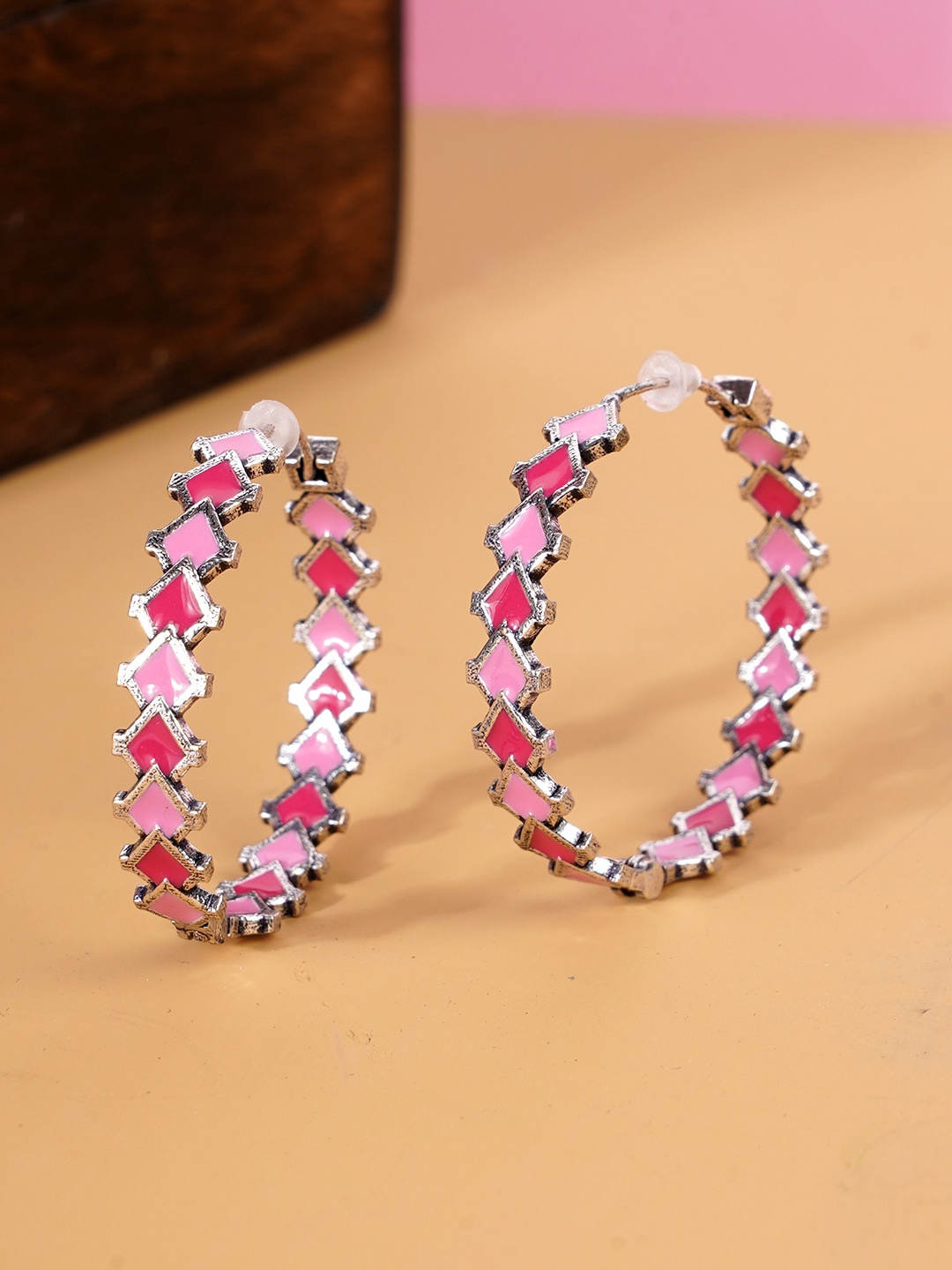 

Voylla Silver-Plated & Pink Enamelled Hoop Earrings