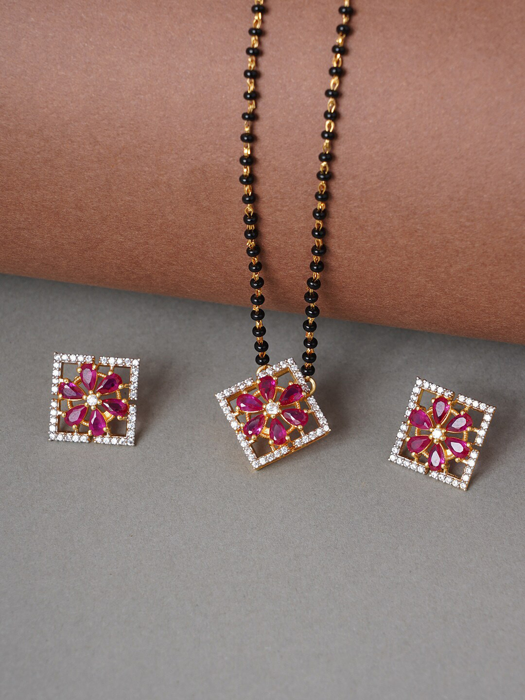 

Voylla Women Black & Red Gold-Plated AD CZ Beaded Mangalsutra with Earrings