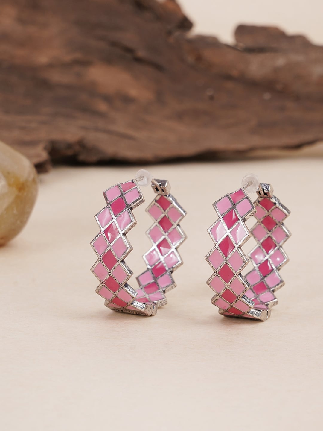 

Voylla Silver-Toned & Pink Geometric Hoop Earrings