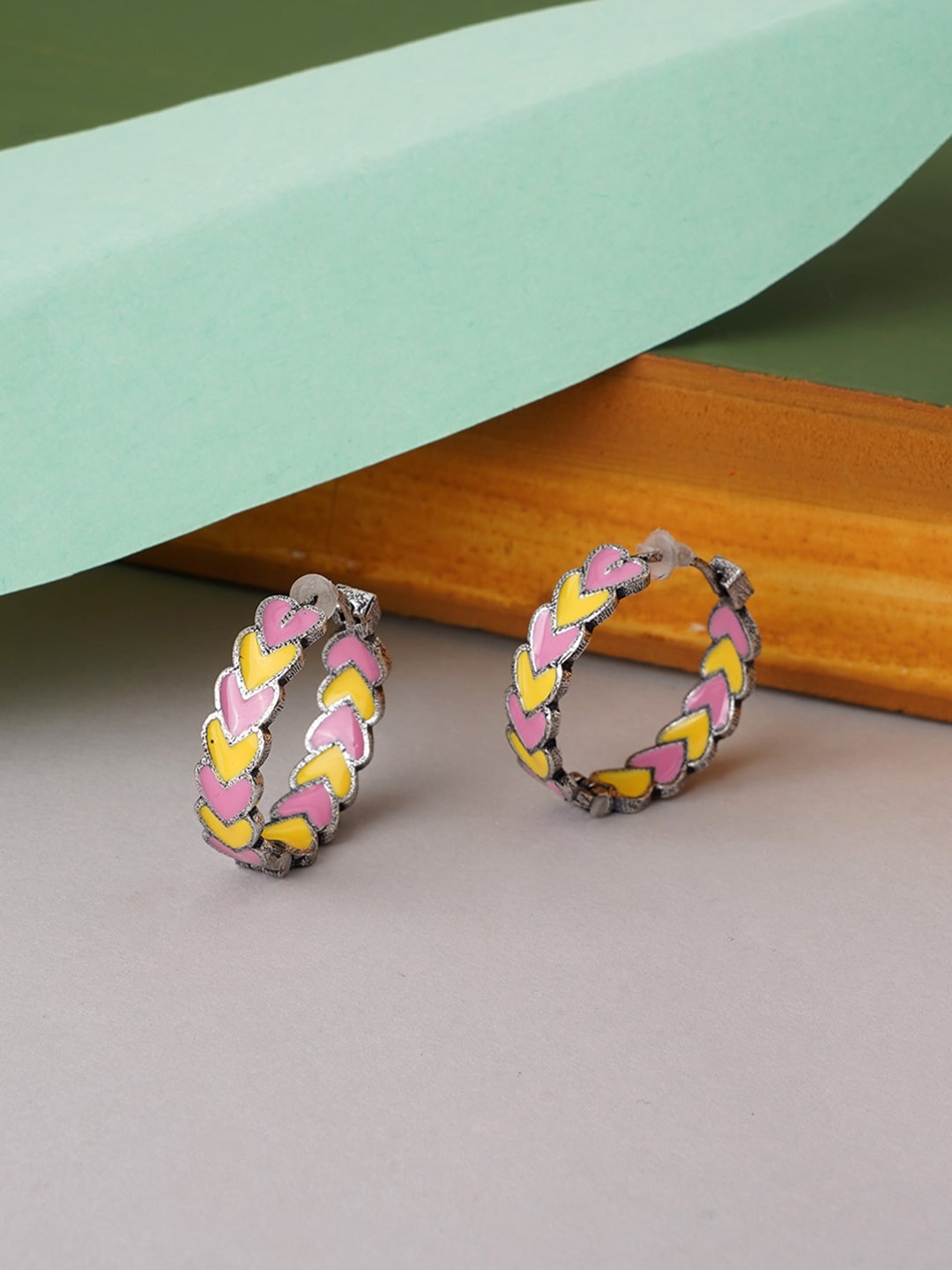 

Voylla Silver-Toned & Pink Circular Fashion Trendy Hoop Earrings