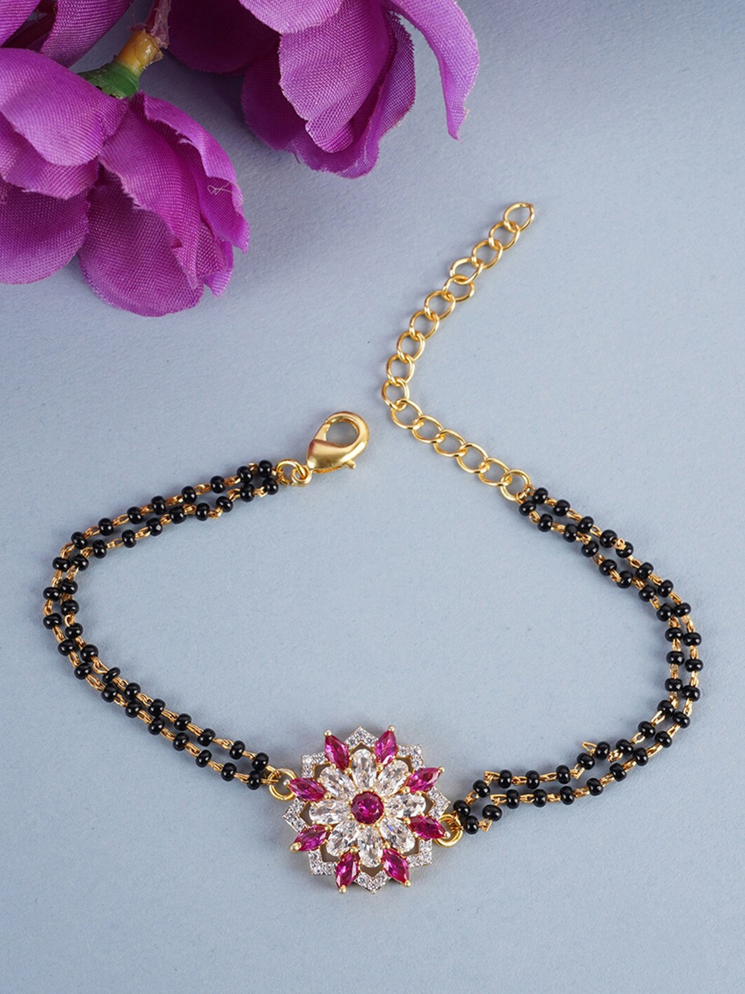 

Voylla Women Black Gold-Toned Flower American Diamond CZ Mangalsutra Bracelet