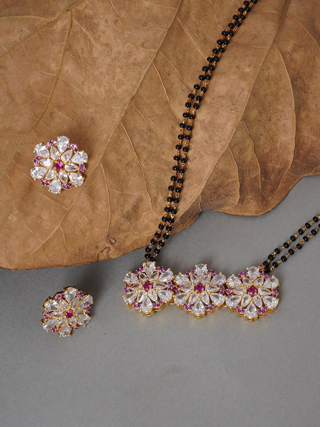 

Voylla Gold Plated American Diamond CZ 3 Flowers Mangalsutra With Earrings