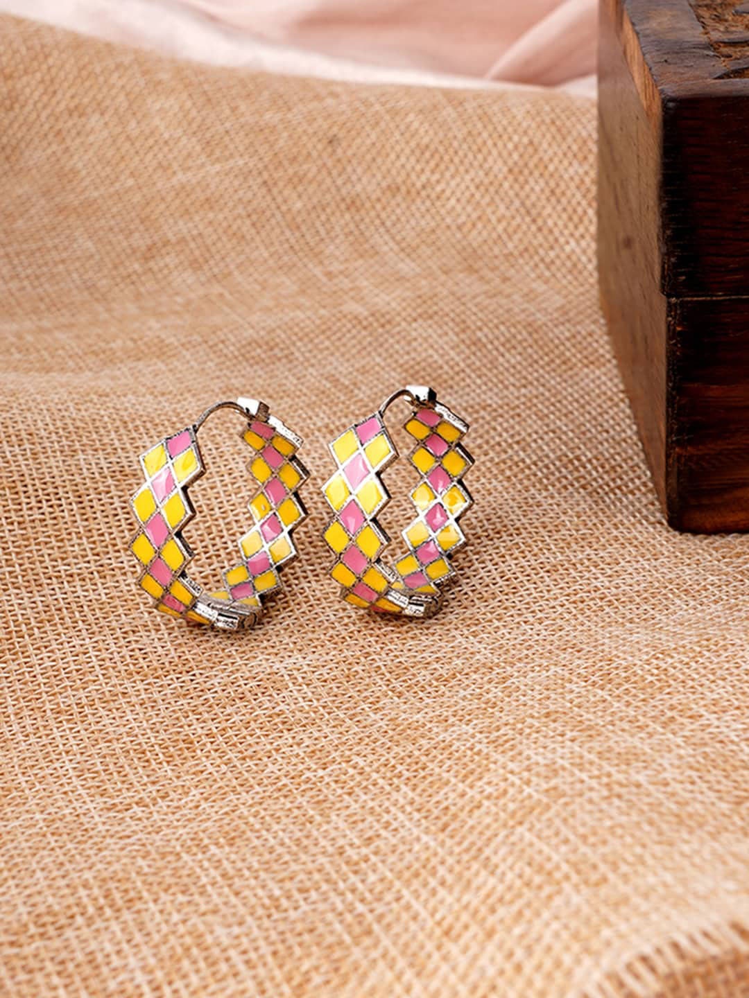 

Voylla Silver-Plated Geometric Trendy Enamelled Hoop Earrings with Pattern