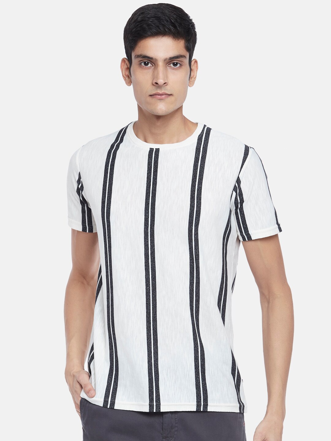 

Urban Ranger by pantaloons Men White & Black Striped Slim Fit Cotton T-shirt