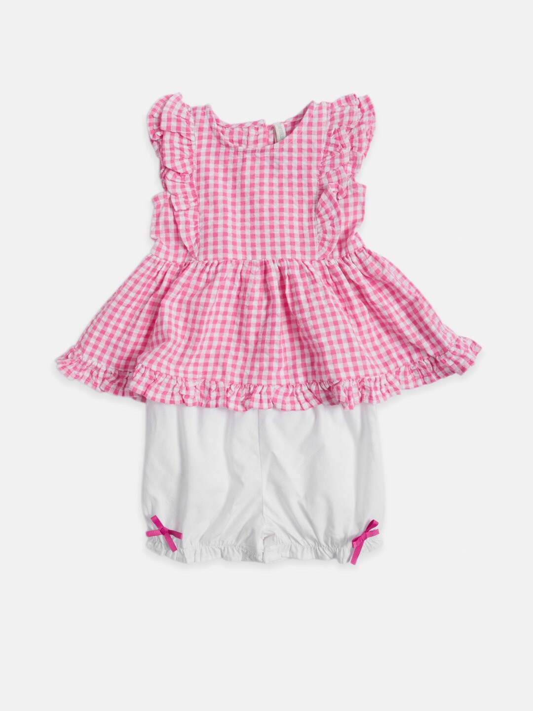 

Pantaloons Baby Girls Fuchsia & White Checked Pure Cotton Top with Shorts