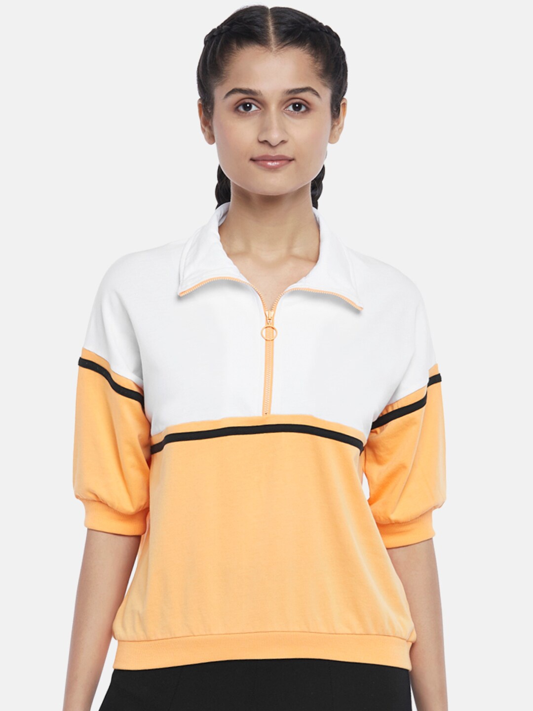 

Ajile by Pantaloons Women Orange & White Colourblocked Polo Collar Loose T-shirt