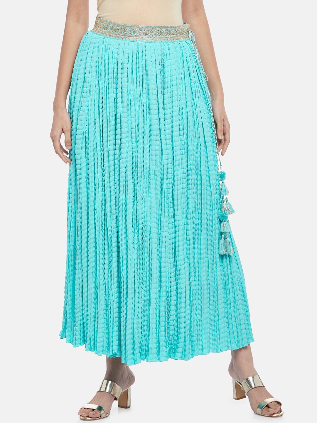 

AKKRITI BY PANTALOONS Women Blue Self Design Maxi Flared Skirt