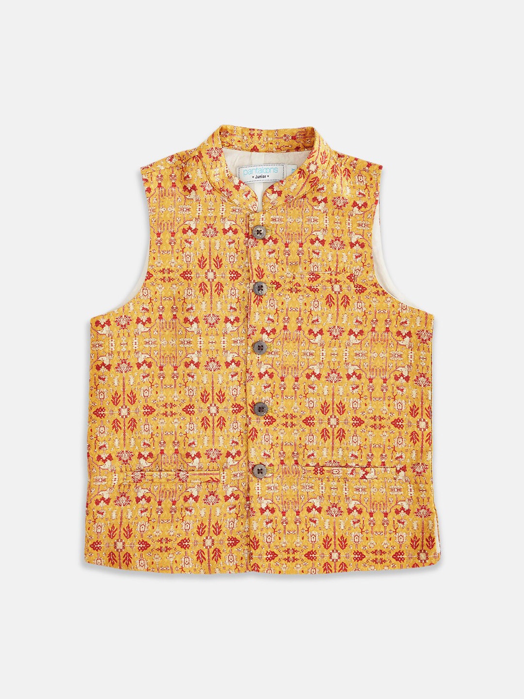 

indus route by Pantaloons Boys Mustard & Red Printed Pure Cotton Nehru Jacket