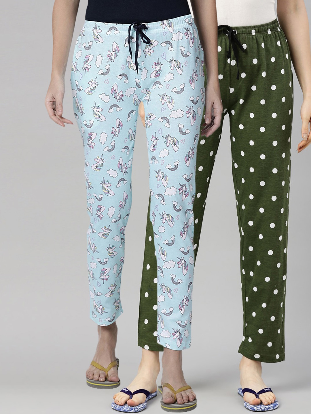 

Kryptic Women Pack Of 2 Blue & Green Printed Pure Cotton Lounge Pants