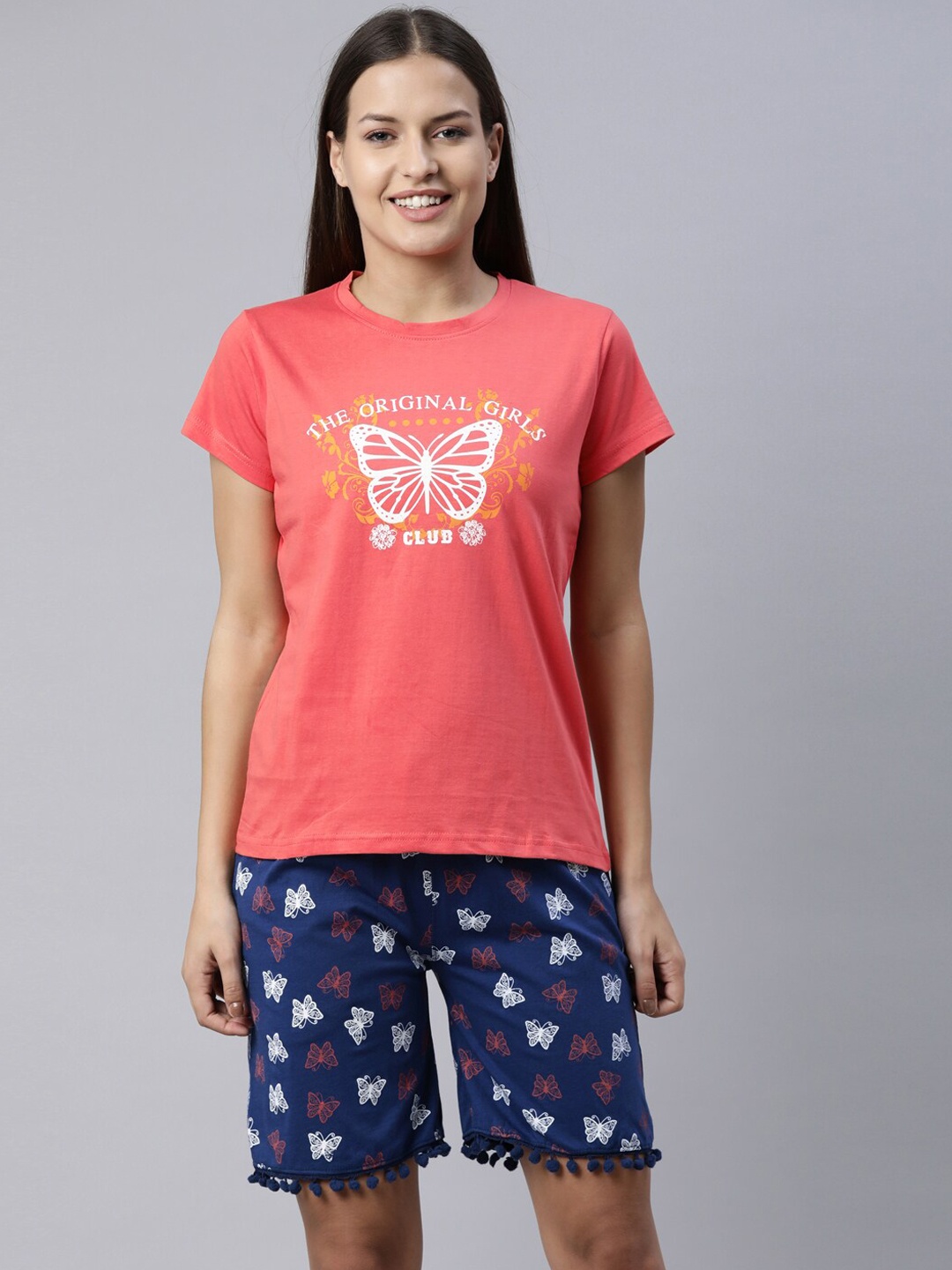 

Kryptic Women Coral Red & Navy Blue Printed Pure Cotton Night Suit