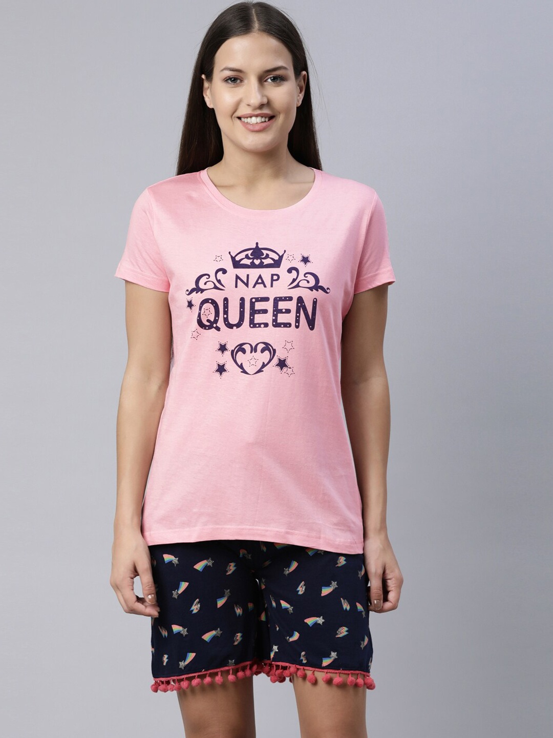

Kryptic Women Pink & Navy Blue Printed Pure Cotton Night suit