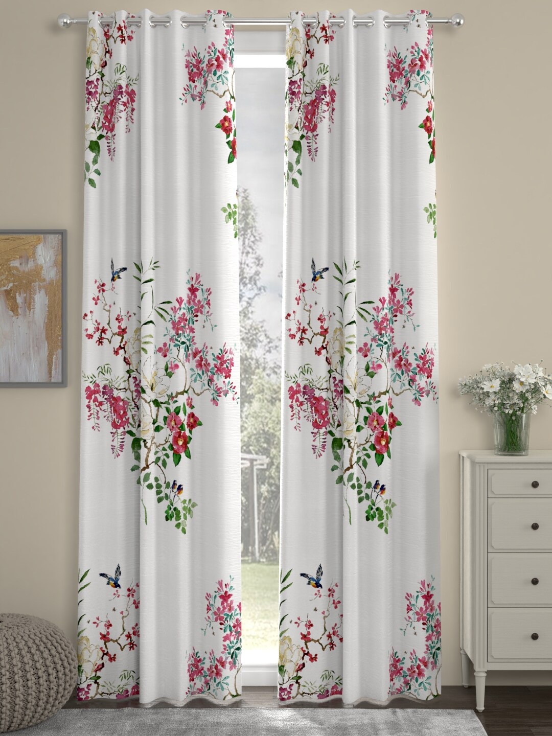 

ROSARA HOME White & Pink Set of 2 Floral Door Curtain
