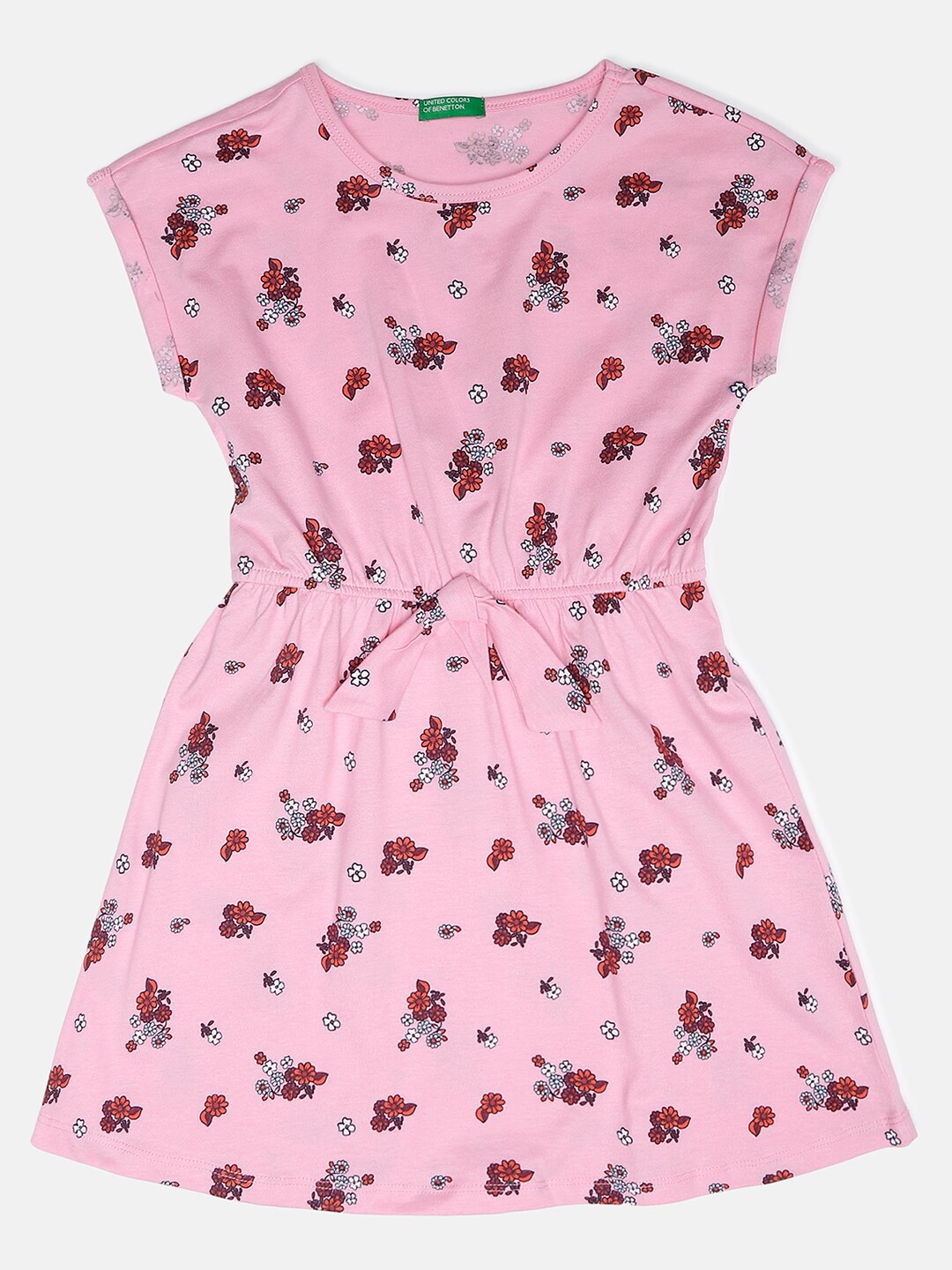 

United Colors of Benetton Pink & Red Floral Printed Fit & Flare Cotton Dress