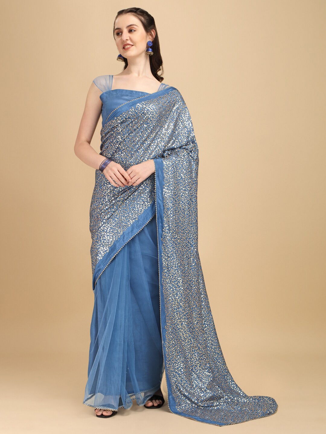 

Sangria Blue & Silver Embellished Sequinned Silk Blend Saree