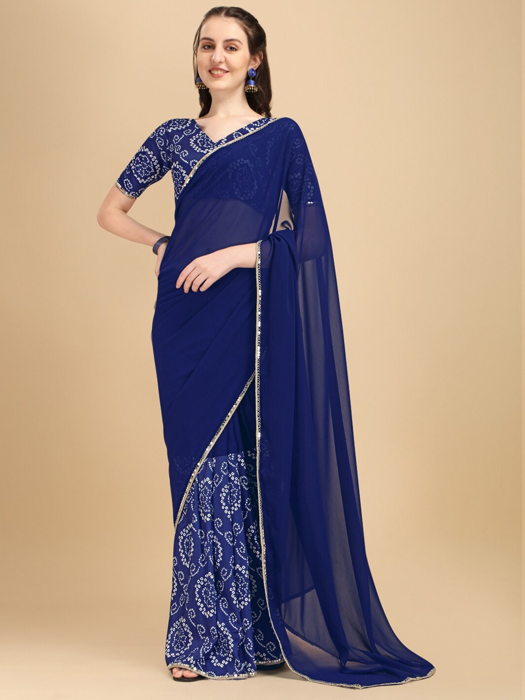 

Sangria Blue & White Bandhani Sequinned Half and Half Bandhani Saree
