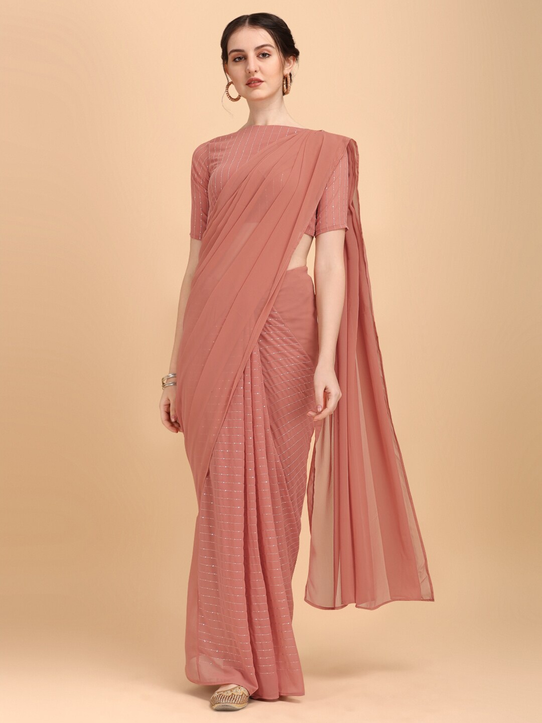 

Sangria Rust Striped Sequinned Saree