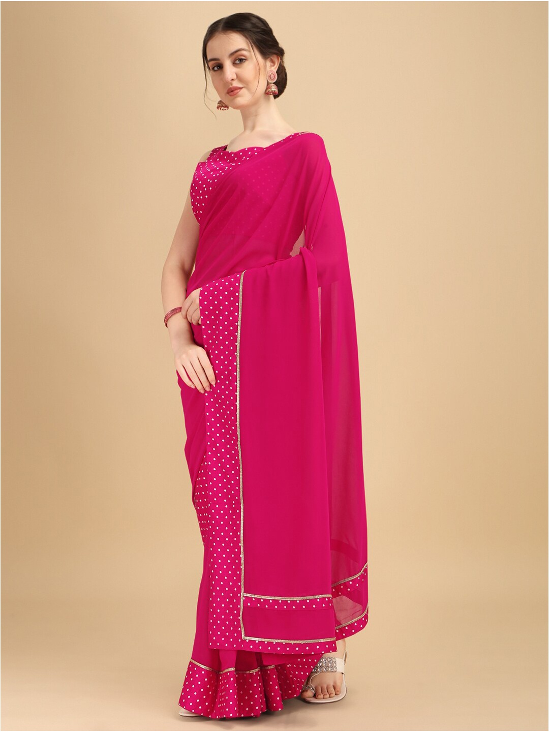 

Sangria Fuchsia & White Polka Dots Printed Saree