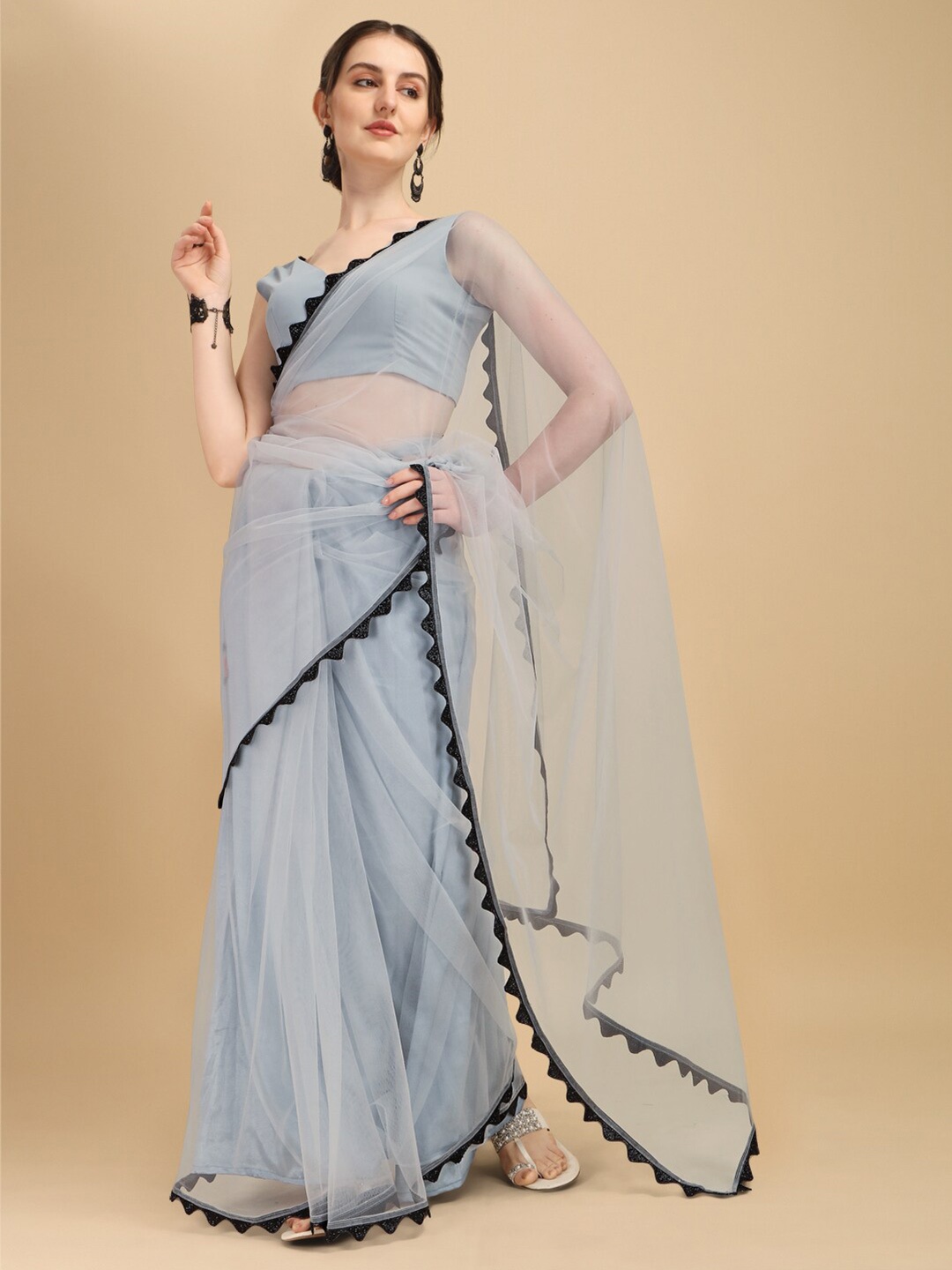 

Sangria Grey & Black Beads and Stones Net Saree with Embellished Border