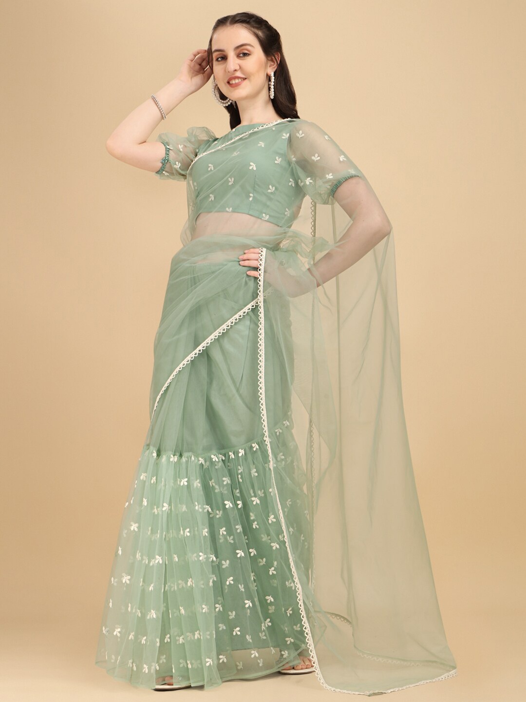 

Sangria Green & Off White Floral Embroidered Net Half and Half Saree