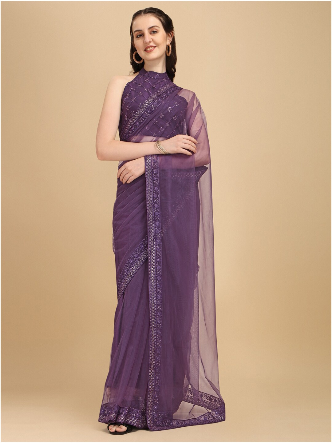 

Sangria Purple Sequinned Embroidered Net Saree