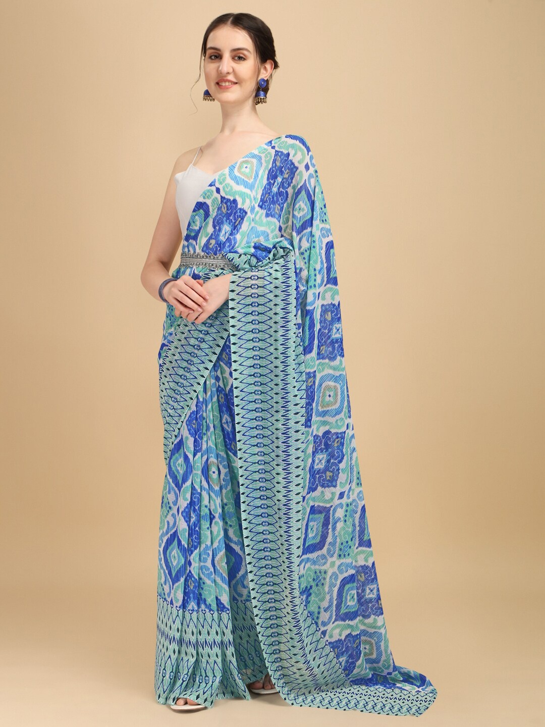 

Sangria Blue Printed Belted Saree