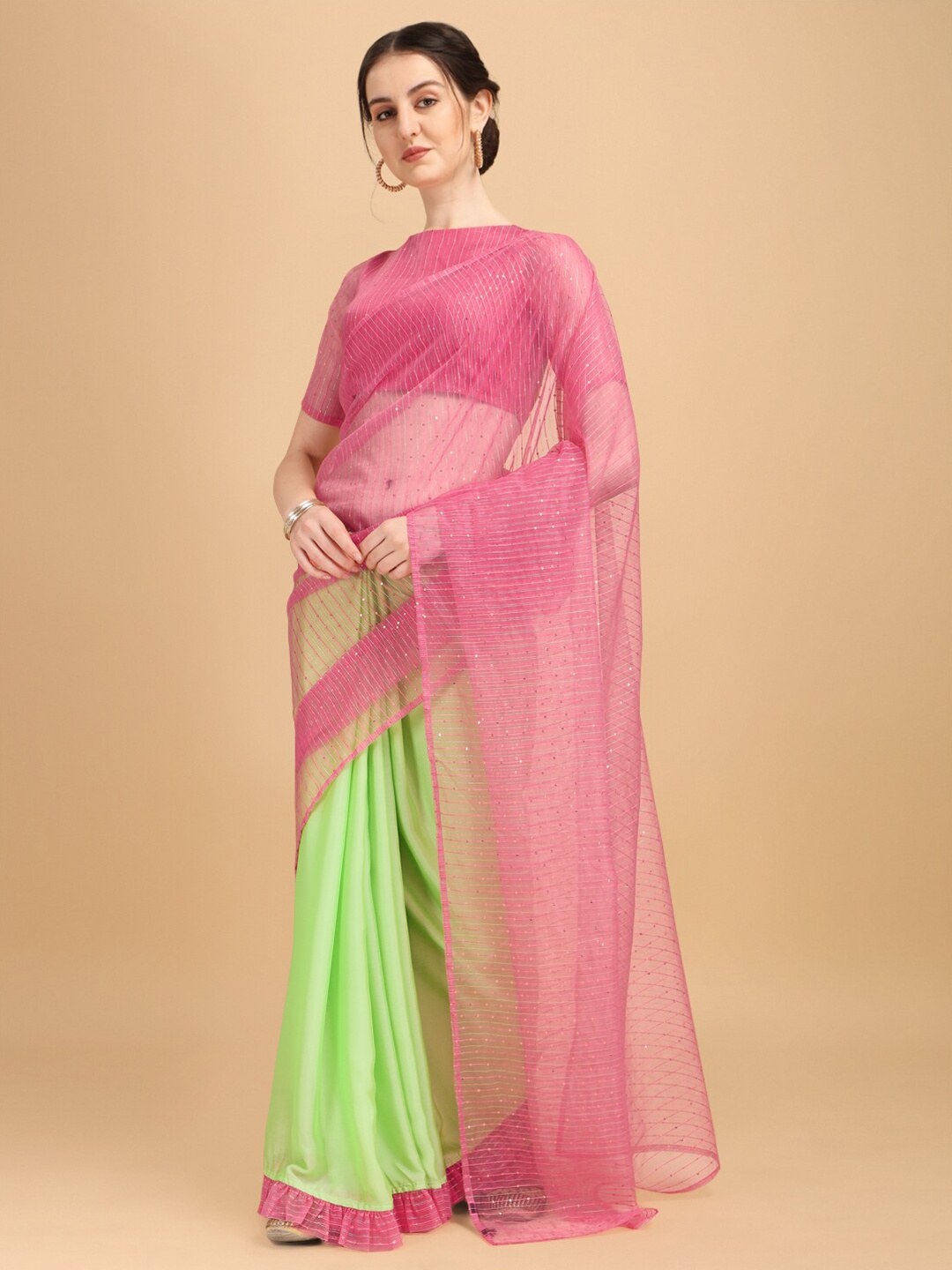 

Sangria Pink & Green Embellished Sequinned Organza Half and Half Saree