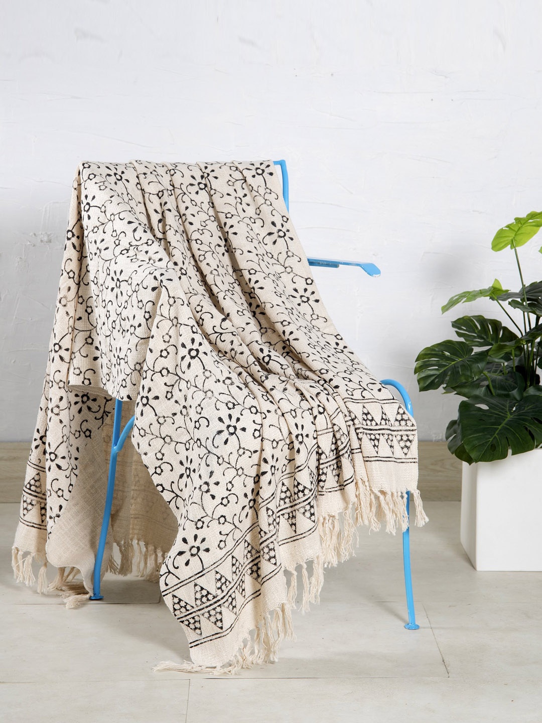 

HANDICRAFT PALACE White & White Printed Cotton Sofa Couch Throw