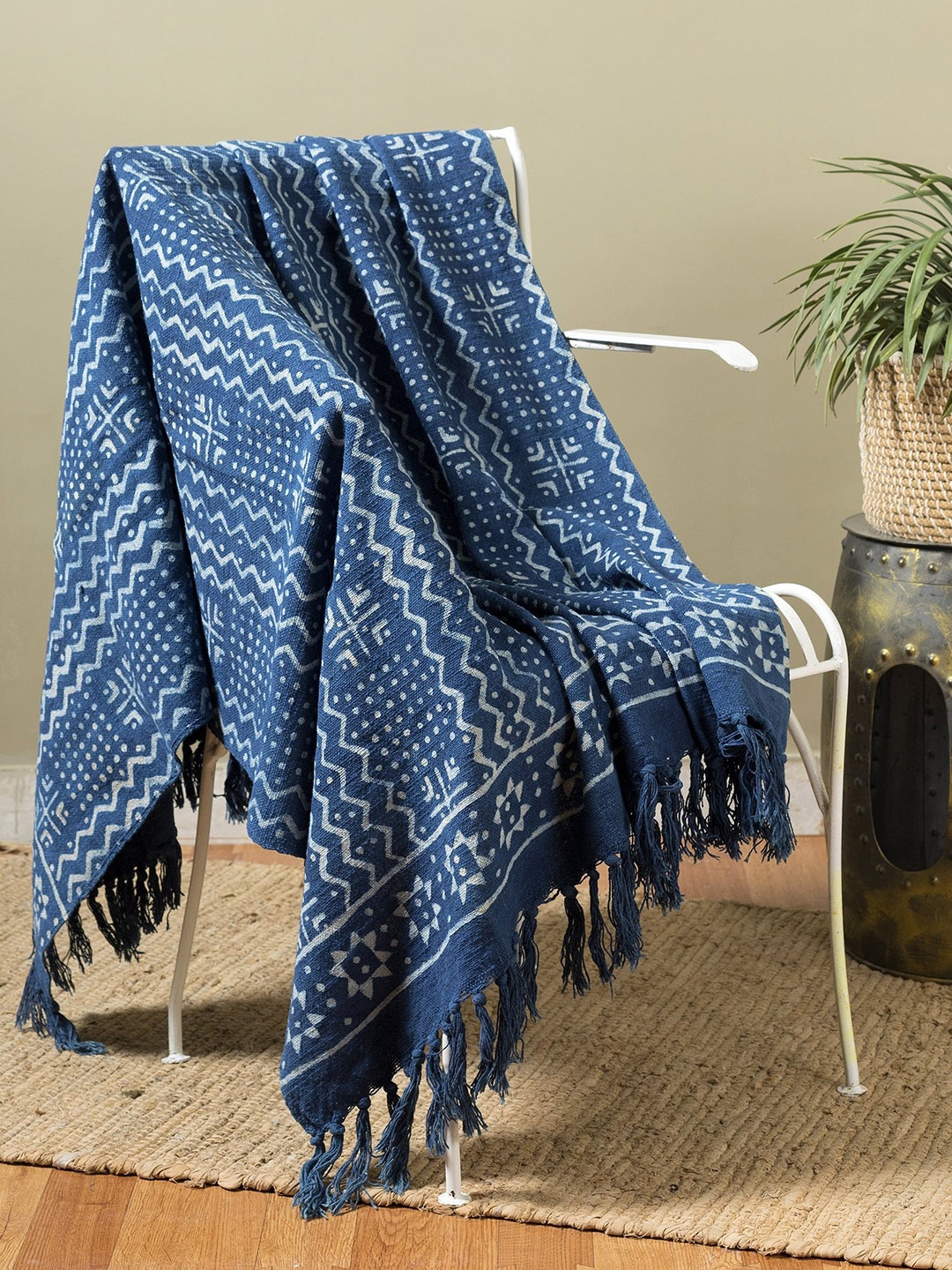 

HANDICRAFT PALACE Indigo-Blue & White Hand-Block Printed Cotton Throw