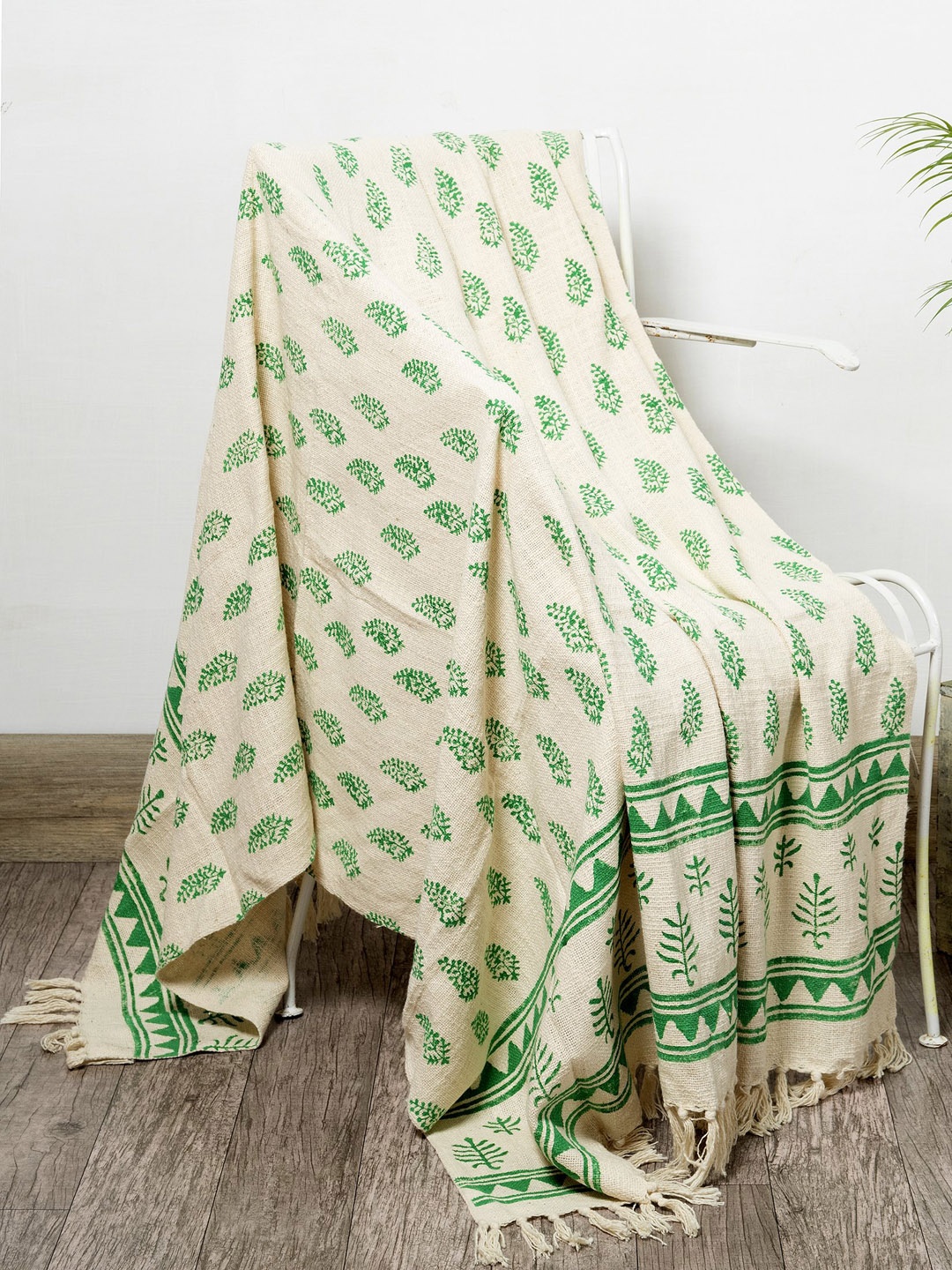 

HANDICRAFT PALACE Green & Cream Hand Block Printed Cotton Throw