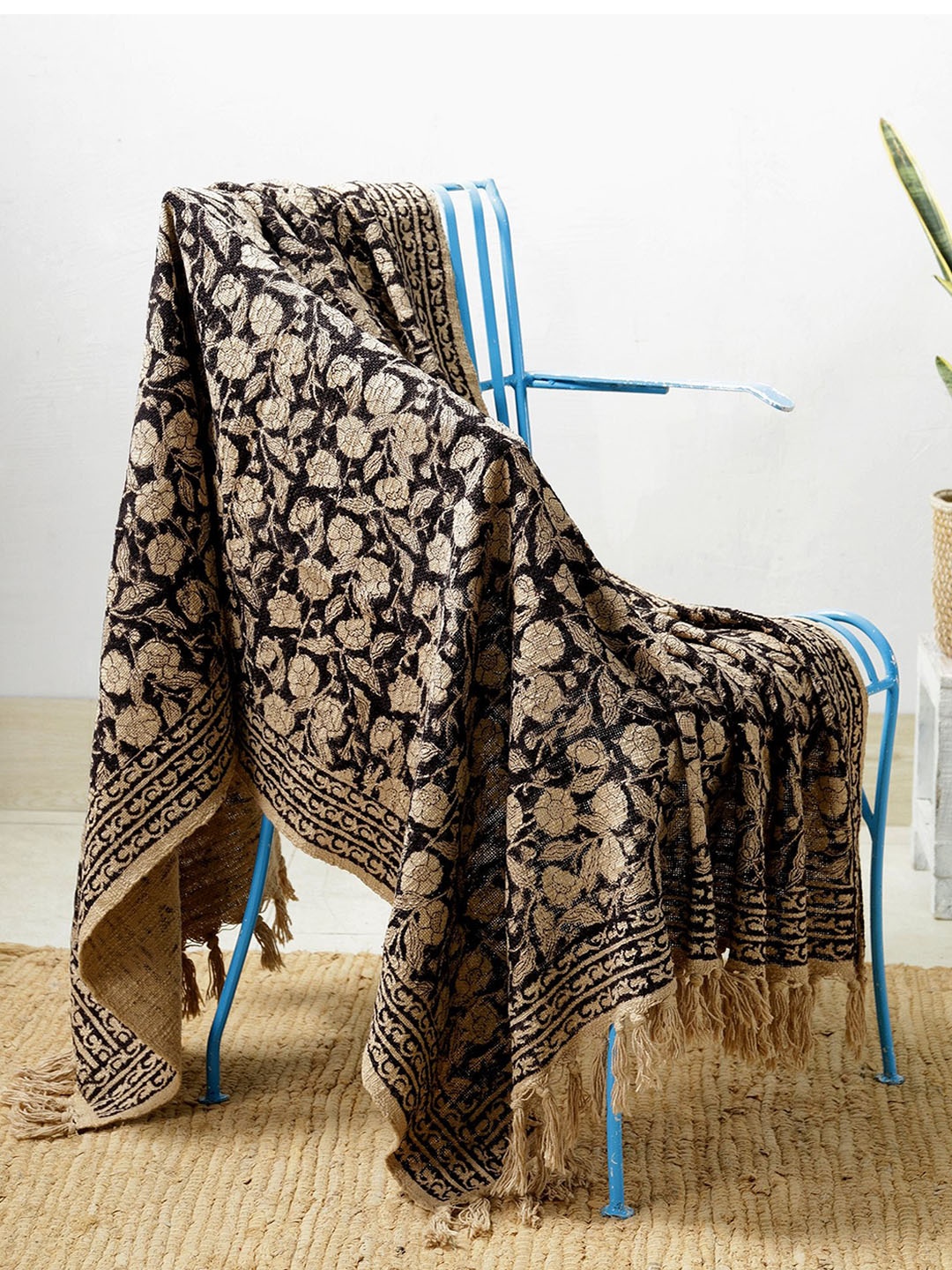 

HANDICRAFT PALACE Black & Beige Floral Printed Cotton Sofa Couch Throw