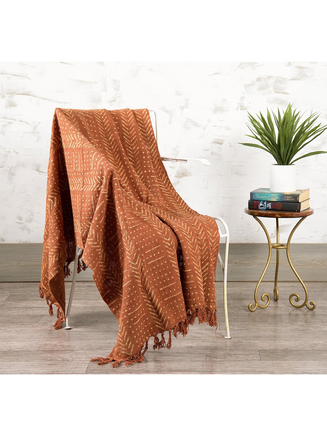

HANDICRAFT PALACE Rust-Brown & White Printed Cotton Sofa Throw