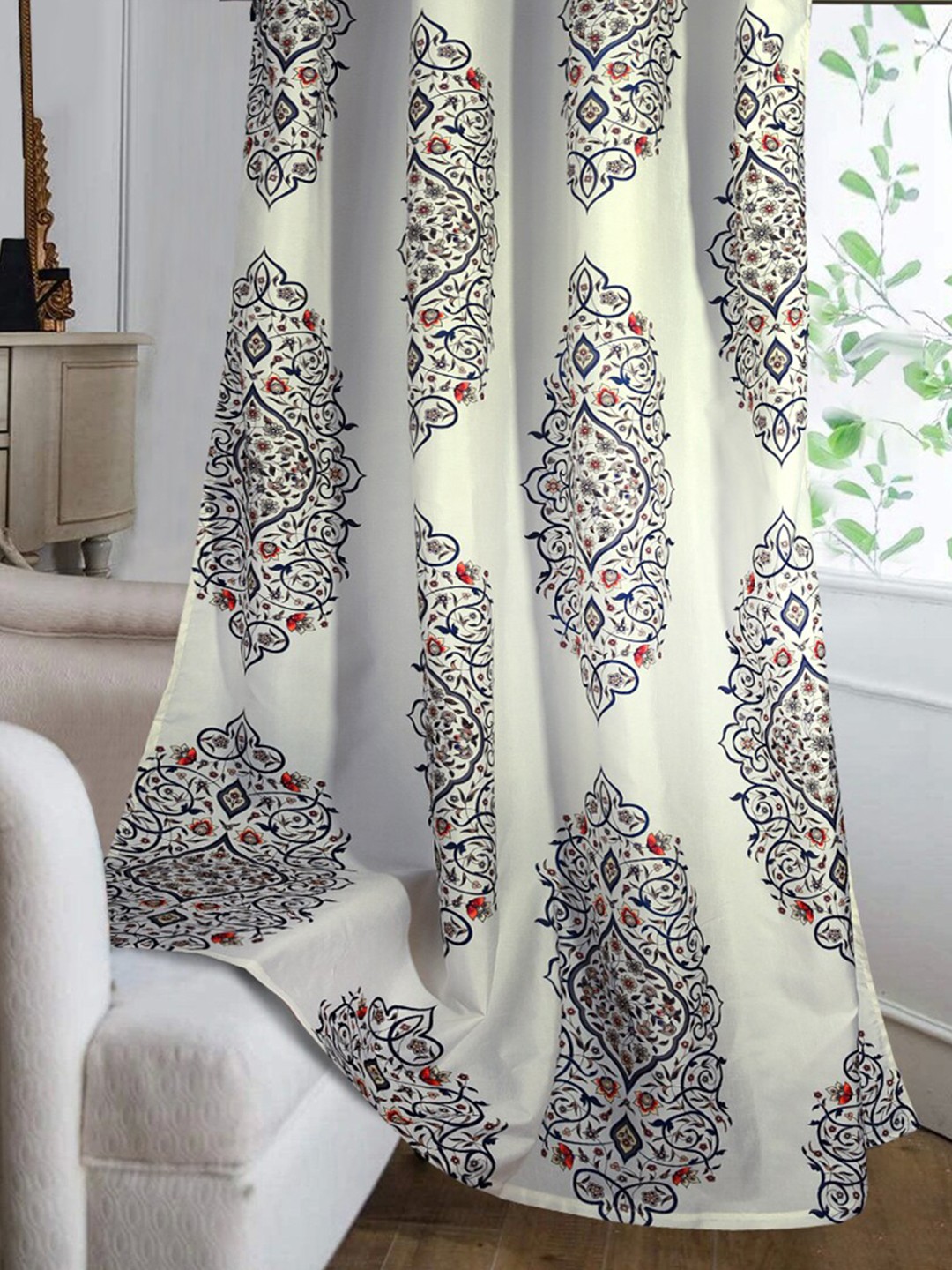 

Cortina Off-White & Blue Ethnic Motifs Single Silk Long Door Curtain, Cream