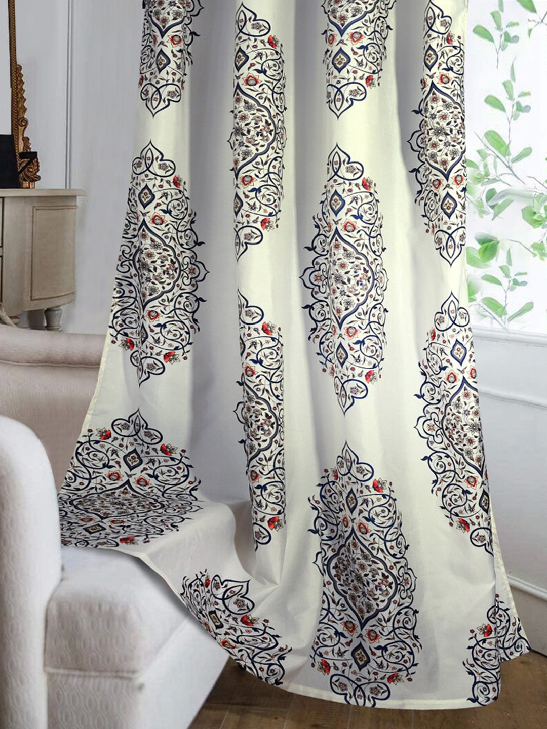 

Cortina Off-White & Blue Ethnic Motifs Single Silk Window Curtain
