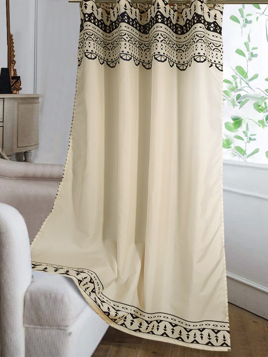 

Cortina Off-White & Navy blue Ethnic Motifs Single Silk Long Door Curtain, Cream