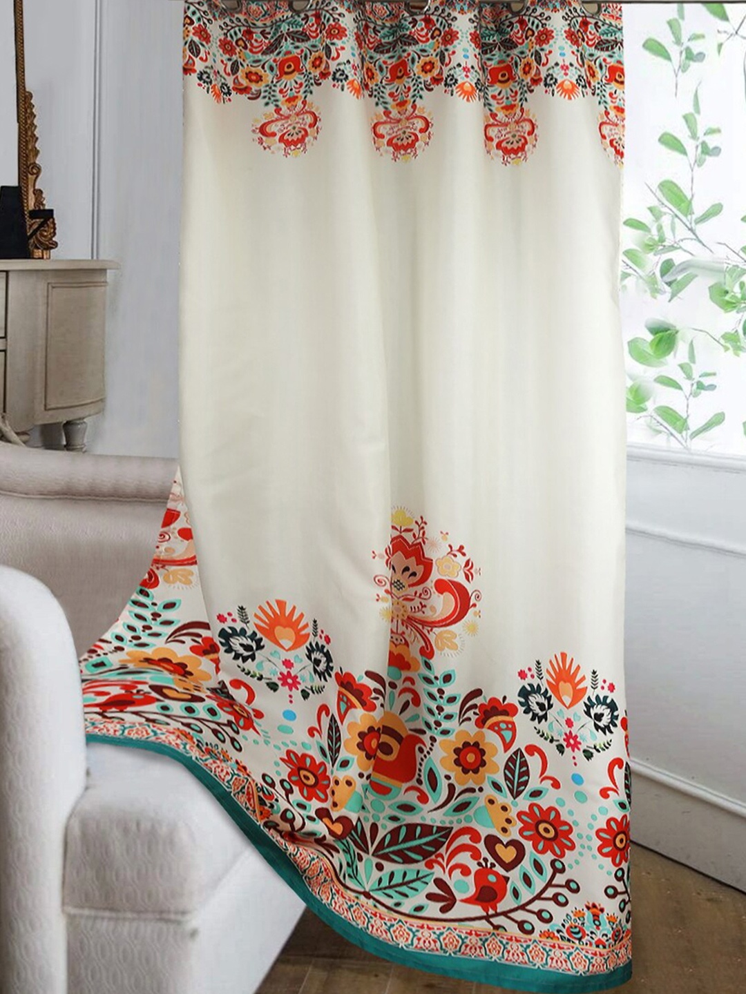 Cortina Off-White & Orange Floral Printed Single Silk Door Curtain
