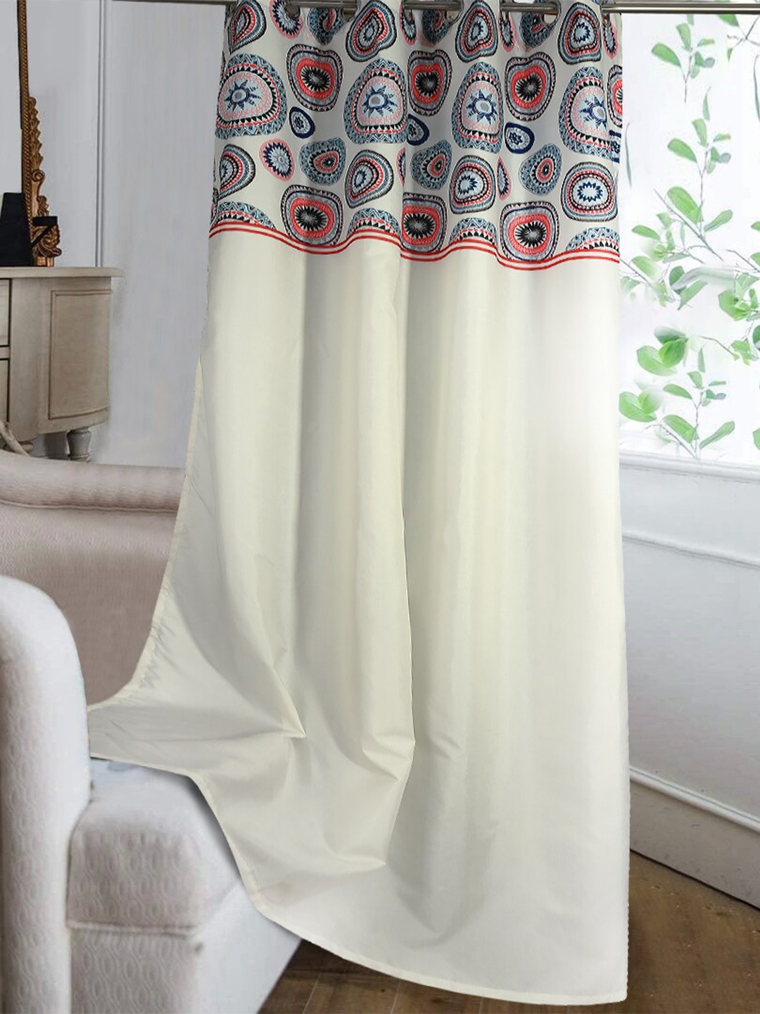Cortina Off-White & Navy Blue Ethnic Motifs Single Silk Door Curtain