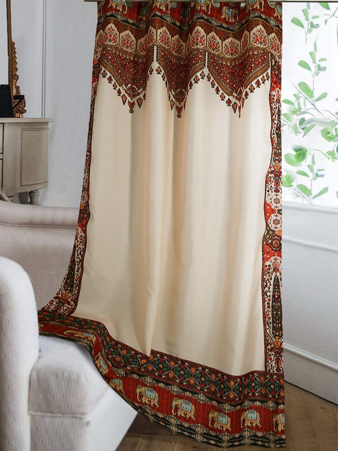Cortina Cream-Coloured & Red Ethnic Motifs Single Silk Door Curtain