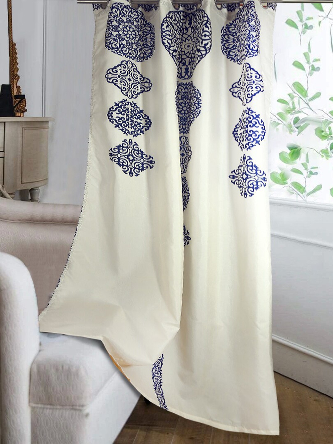 

Cortina Off-White & Navy Blue Ethnic Motifs Single Silk Long Door Curtain, Cream