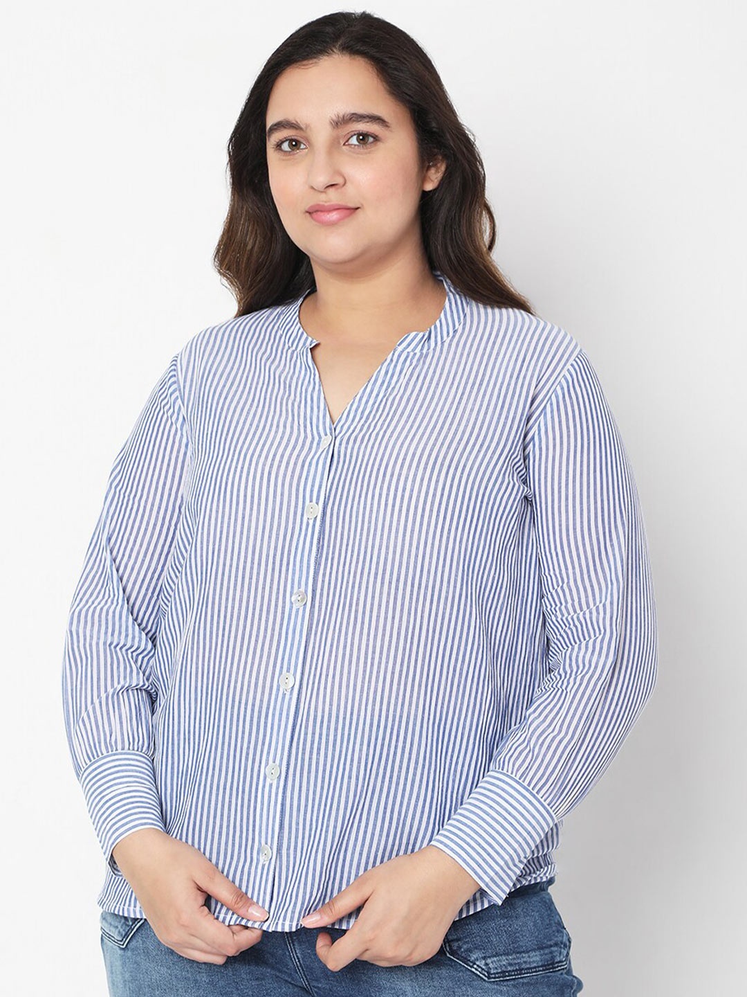 

VERO MODA CURVE Women Blue Striped Cotton Casual Shirt
