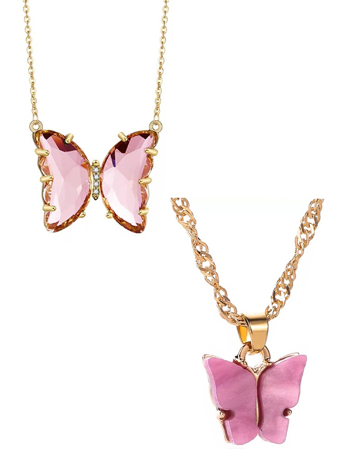 

Vembley Set of 2 Gold-Plated Pink CZ Studded Butterfly Pendant Necklaces