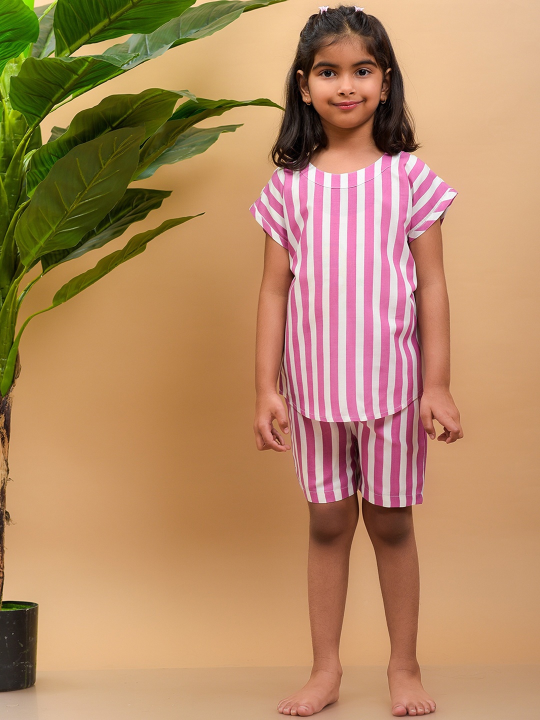 

misbis Girls Purple & White Striped Night Suit